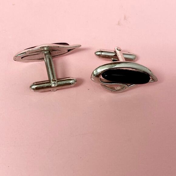 Vintage Swank Cufflinks on Silver Tone and Black Stone - Picture 3 of 4